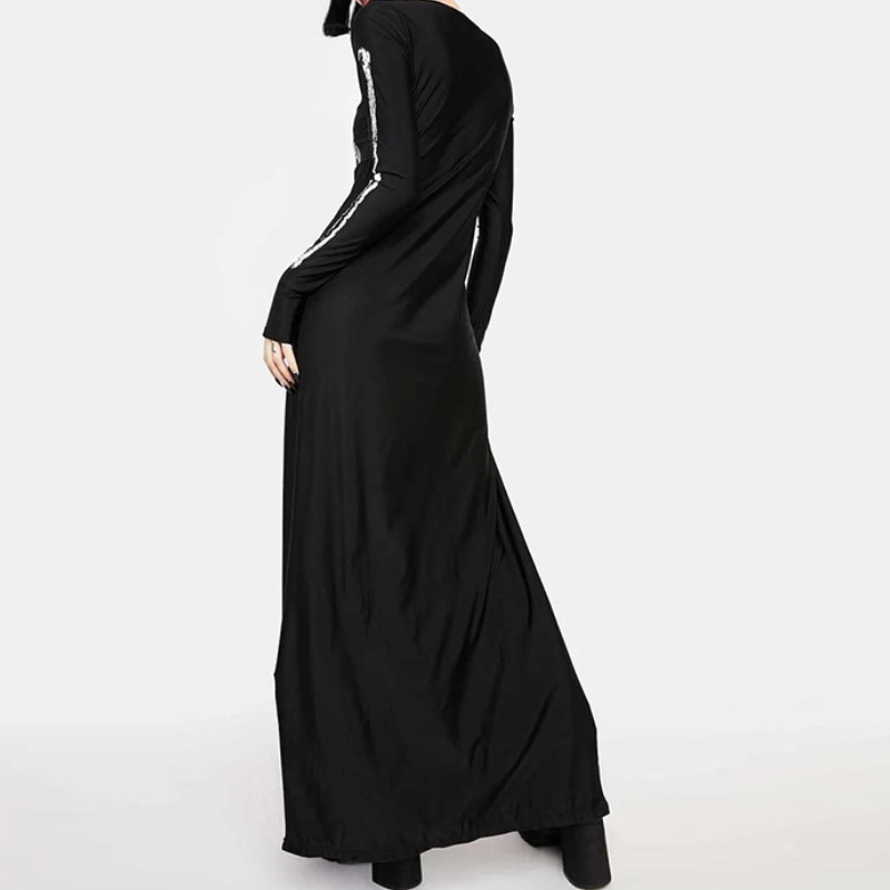 Long sleeve crewneck skeleton print maxi dress