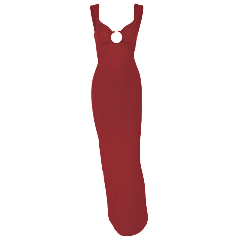 O ring ruched hollow out high slit cami maxi dress  | red tango dress