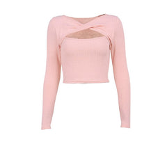 Long sleeve knitted hollow out ribbed cross front crop top