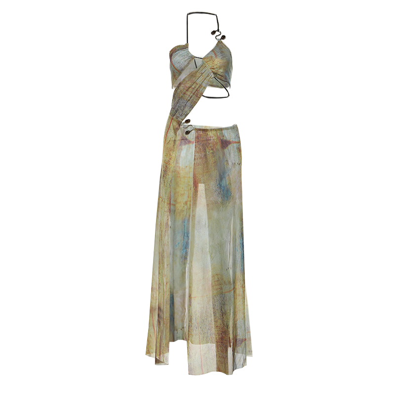 Halter drawstring tie dye irregular sheer mesh maxi dress  | samba dress