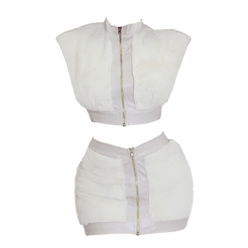 Cap sleeve fluffy PU leather patchwork zip-up mini skirt set