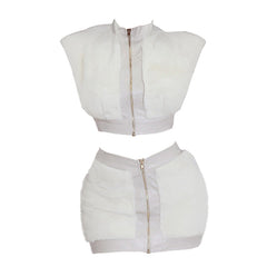 Cap sleeve fluffy PU leather patchwork zip-up mini skirt set