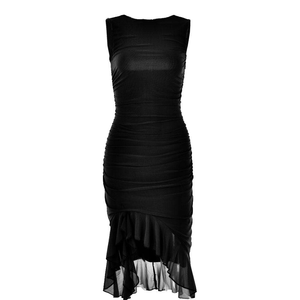 Ruched solid sleeveless ruffle zip-up backless midi dress  | red tango dress