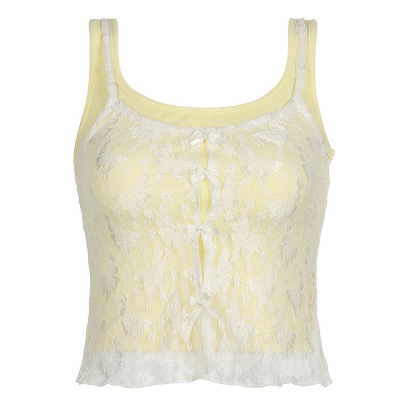 Lace bowknot hollow out u neck 2 piece tank top