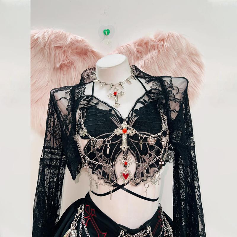 Long sleeve lace butterfly pattern metal chain mini skirt set