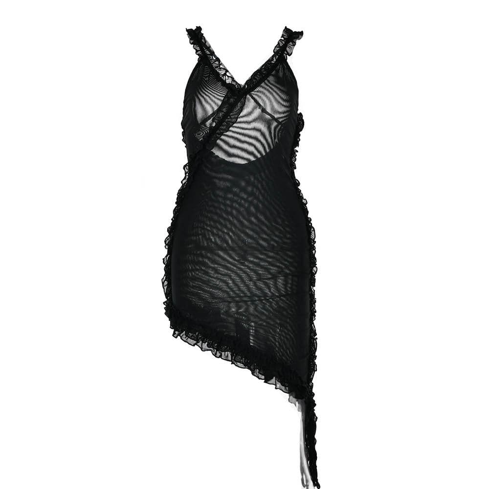 Sheer mesh see through ruffle solid cross back irregular mini dress  | red tango dress  | samba dress  | black rave dress  | black rave dress