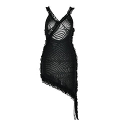 Sheer mesh see through ruffle solid cross back irregular mini dress  | red tango dress  | samba dress  | black rave dress  | black rave dress