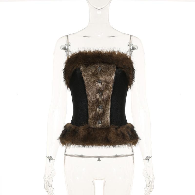 Fluffy velvet patchwork tube top