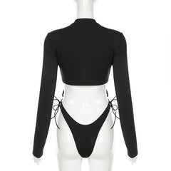 High neck long sleeve hollow out self tie bodysuit