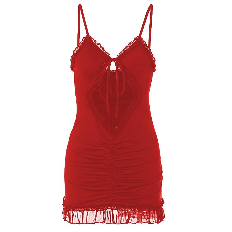 Ruffle hollow out ruched backless cami mini dress  | red tango dress