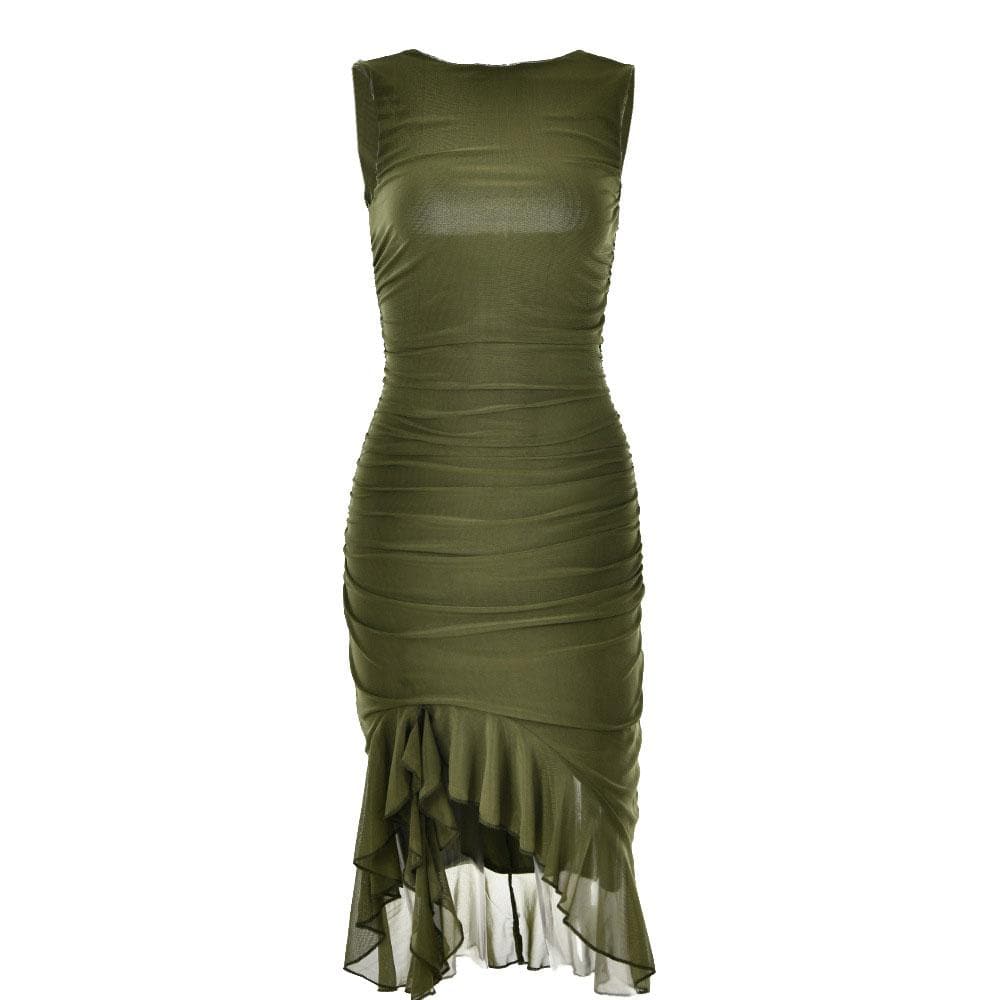 Ruched solid sleeveless ruffle zip-up backless midi dress  | red tango dress