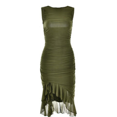 Ruched solid sleeveless ruffle zip-up backless midi dress  | red tango dress