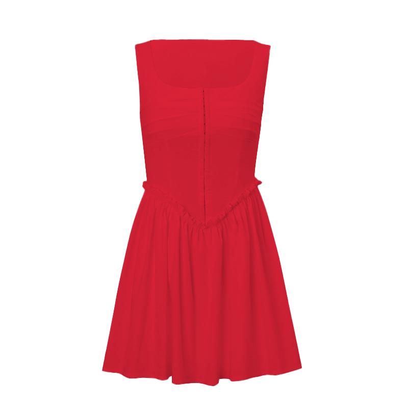 Button ruffle square neck ruched bustier tank mini dress  | red tango dress