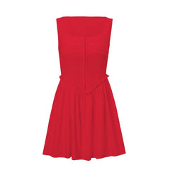 Button ruffle square neck ruched bustier tank mini dress  | red tango dress