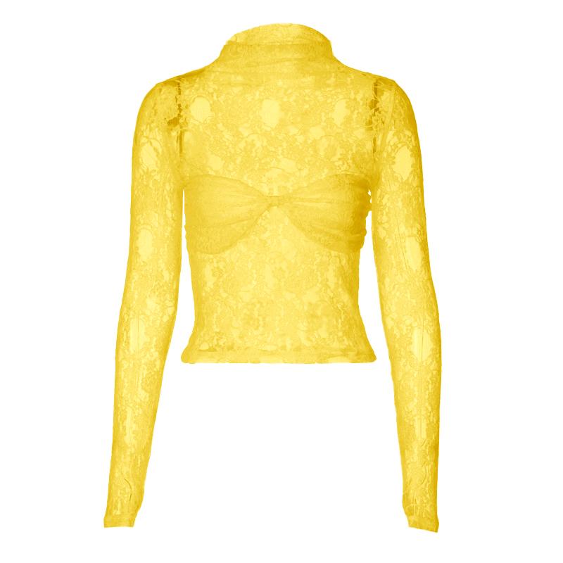 Long sleeve high neck lace see through ruched top