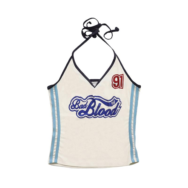 Halter self tie letter pattern backless contrast top