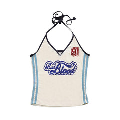 Halter self tie letter pattern backless contrast top