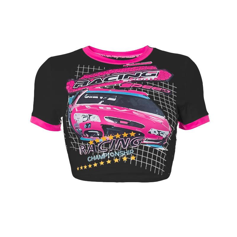 Short sleeve car pattern contrast patchwork crop top