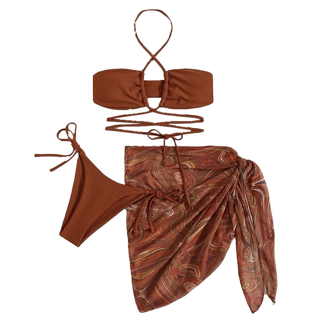 Cross front halter hollow out self tie mini dress 3 piece swimwear  | red tango dress