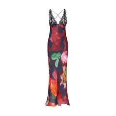 Cross back contrast leopard print v neck lace patchwork maxi dress  | red tango dress