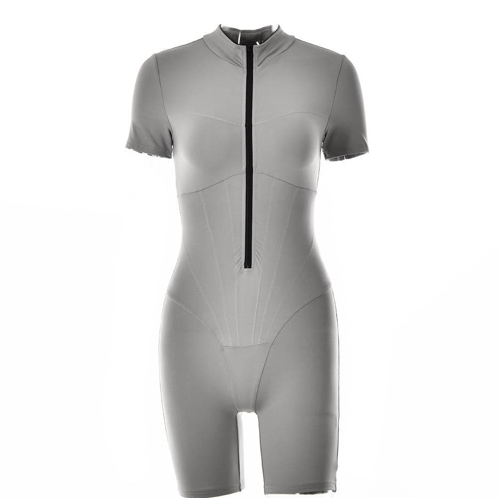 Stitch short sleeve zip-up high neck romper