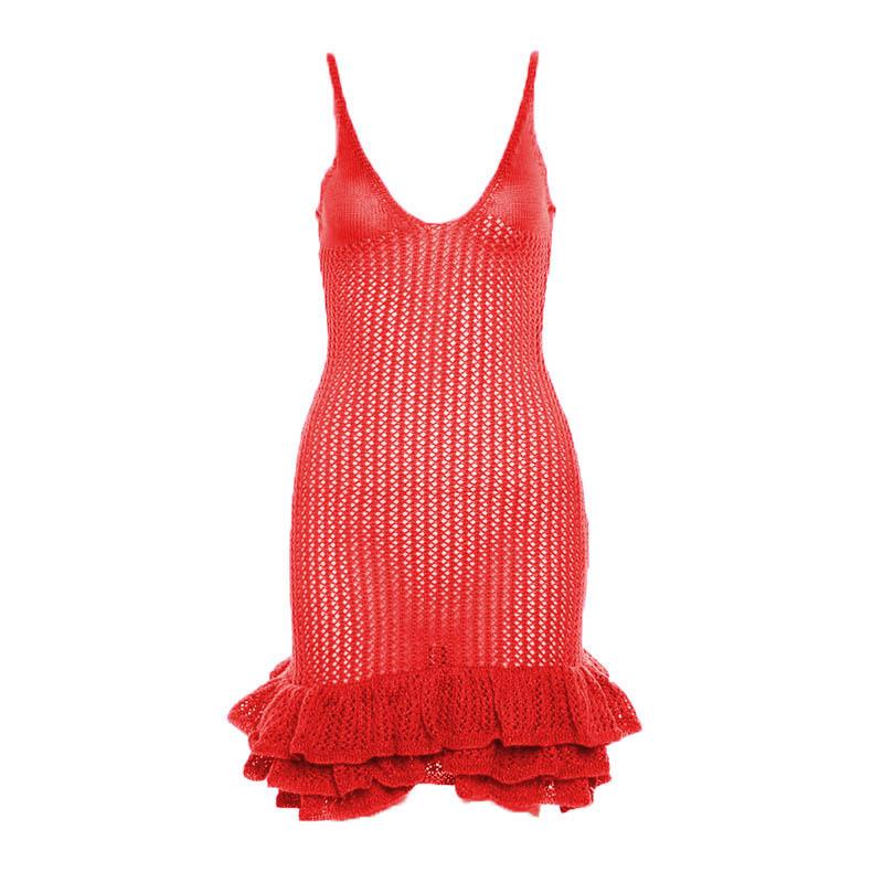 Crochet v neck sleeveless hollow out ruffle mini dress  | red tango dress