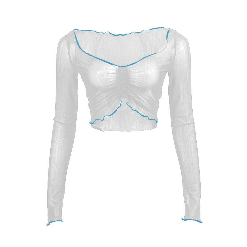 Long sleeve stitch sheer mesh ruffle crop top
