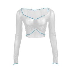 Long sleeve stitch sheer mesh ruffle crop top
