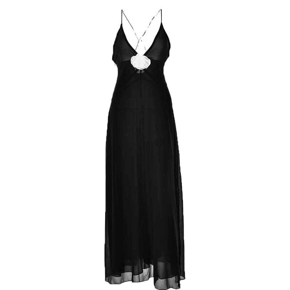Flower applique v neck ruched zip-up cross back maxi dress  | black rave dress  | black rave dress