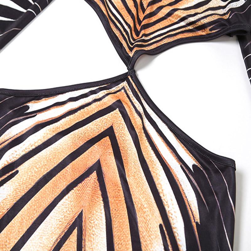 High neck long sleeve hollow out print contrast maxi dress