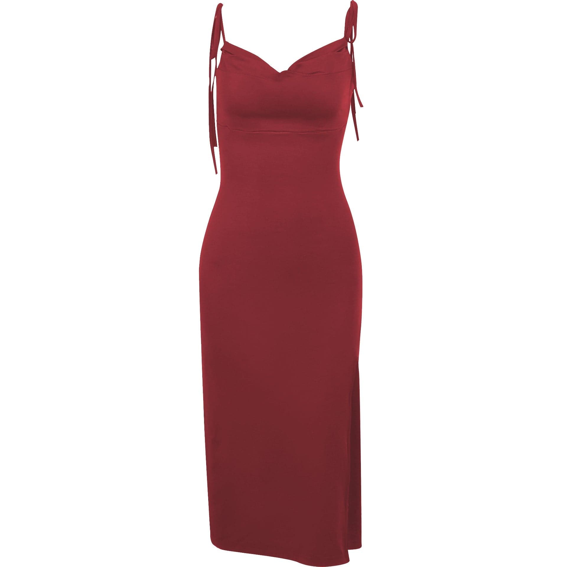 Cowl neck solid slit backless self tie ruched midi dress  | red tango dress