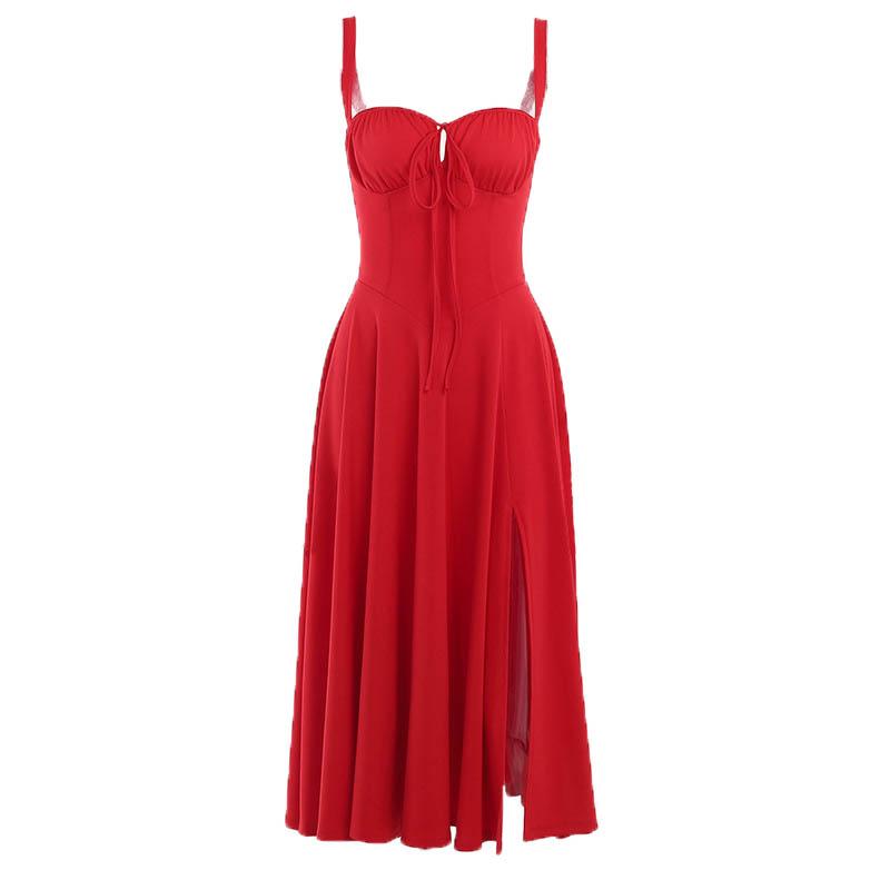 Ruched solid sweetheart neck slit sleeveless midi dress  | red tango dress