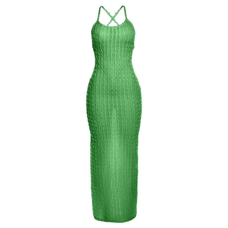 Cross back self tie backless u neck textured solid maxi dress  | red tango dress