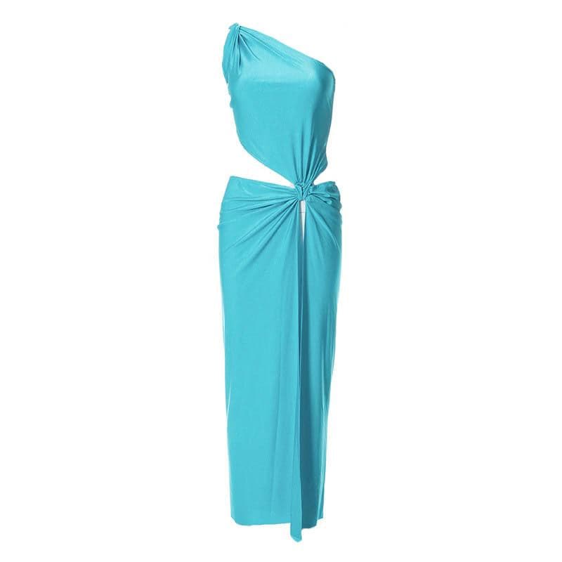 Knotted irregular one shoulder hollow out slit maxi dress  | red tango dress