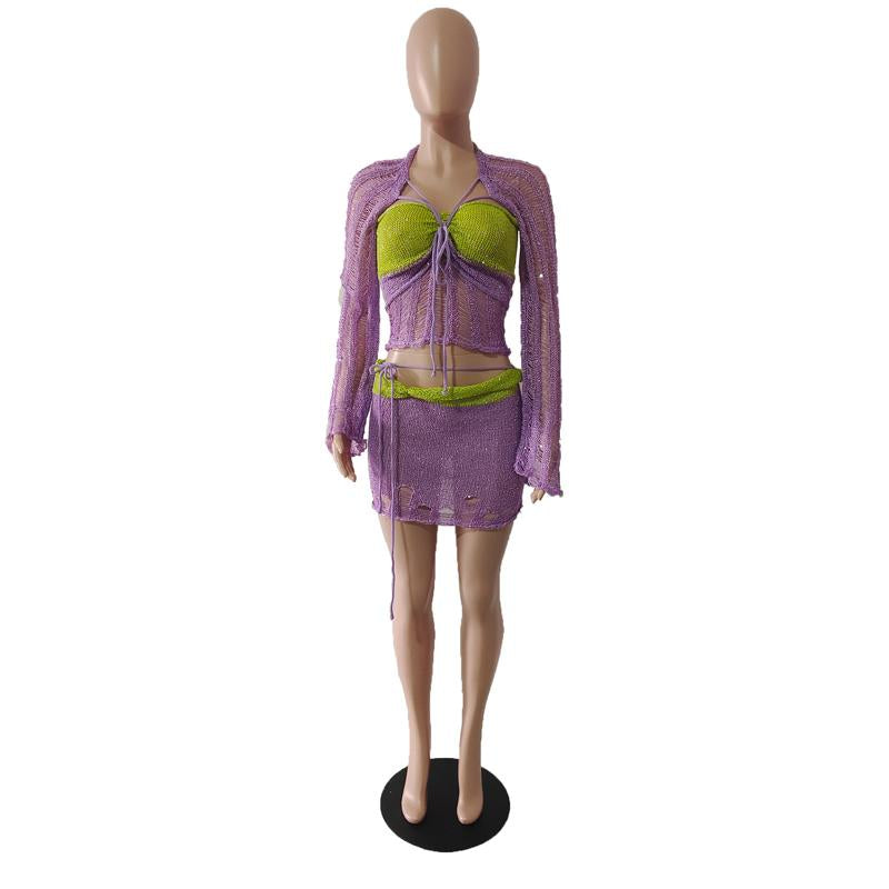 Glitter knitted long sleeve hollow out 3 piece mini skirt set