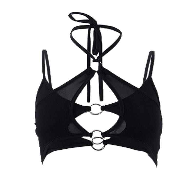 Mesh halter o ring solid hollow out backless patchwork crop cut out top