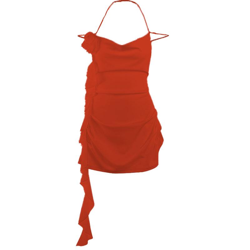 Solid cowl neck halter flower applique backless ruffle mini dress  | red tango dress