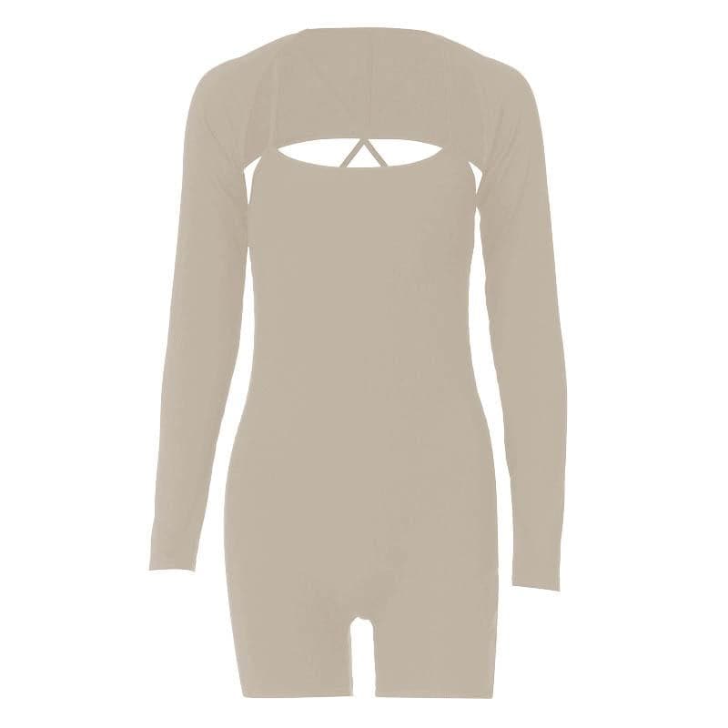 Solid ribbed cross back long sleeve shrug romper