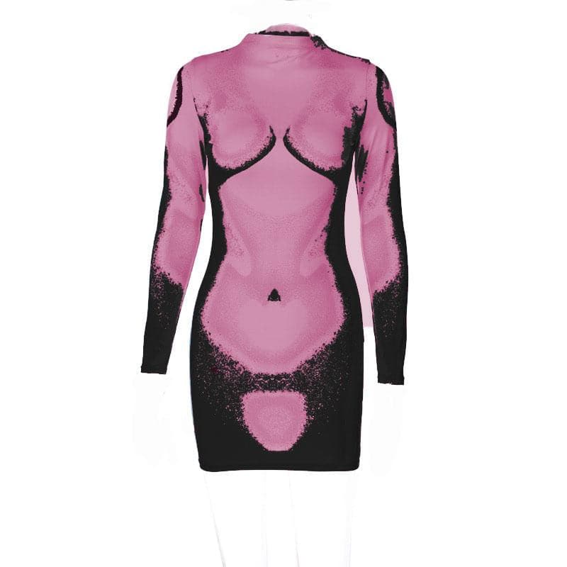 Long sleeve abstract contrast turtle neck mini dress  | red tango dress