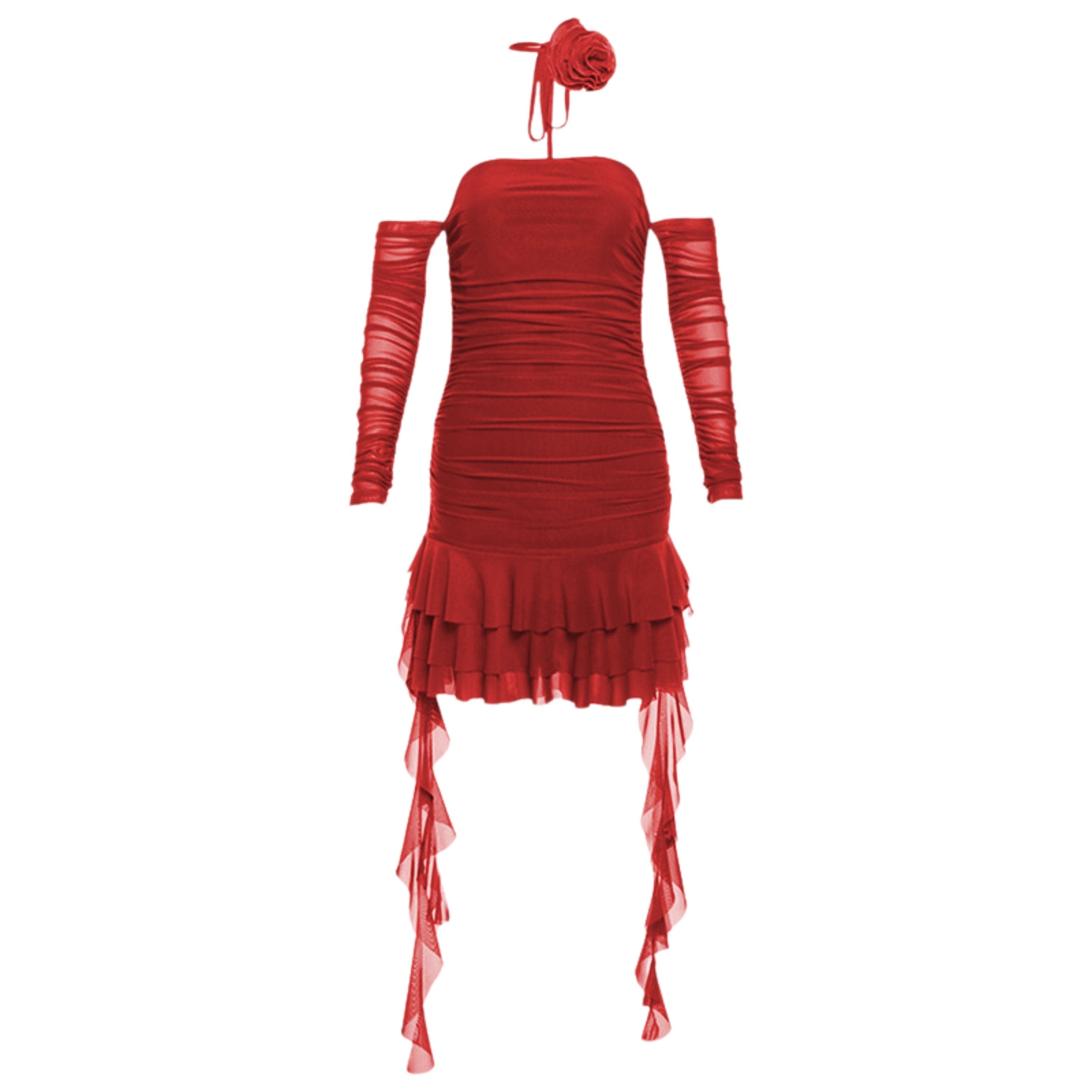 Long sleeve sheer mesh flower applique mini dress  | red tango dress  | samba dress