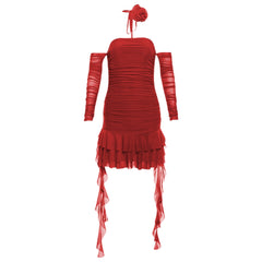 Long sleeve sheer mesh flower applique mini dress  | red tango dress  | samba dress