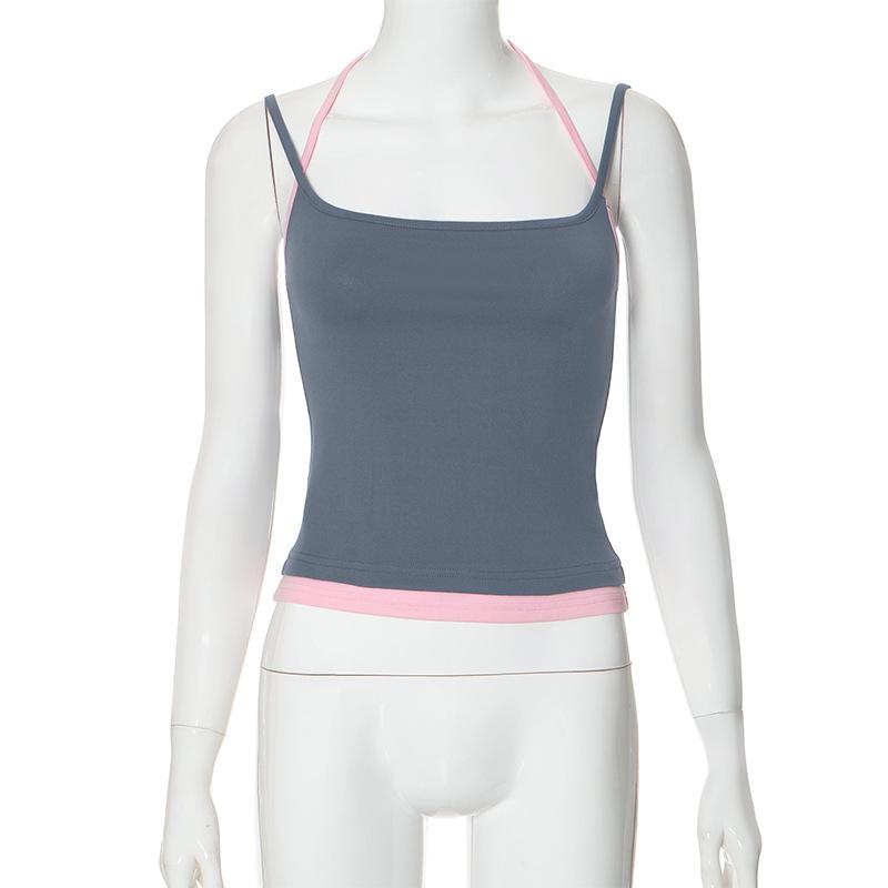 Halter patchwork contrast backless cami top