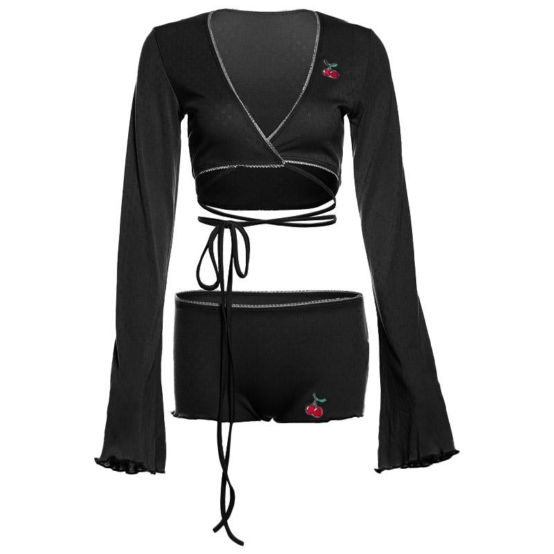 Long sleeve v neck cherry embroidery self tie pant set