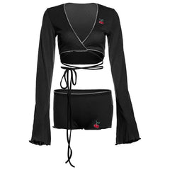 Long sleeve v neck cherry embroidery self tie pant set