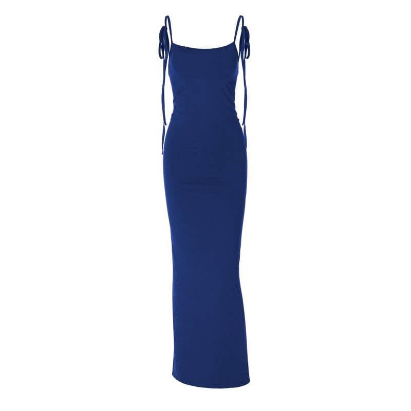Self tie backless ruched square neck solid maxi dress