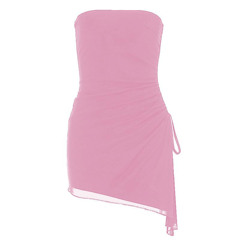Drawstring ruched mesh irregular tube mini dress  | red tango dress
