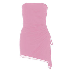 Drawstring ruched mesh irregular tube mini dress  | red tango dress
