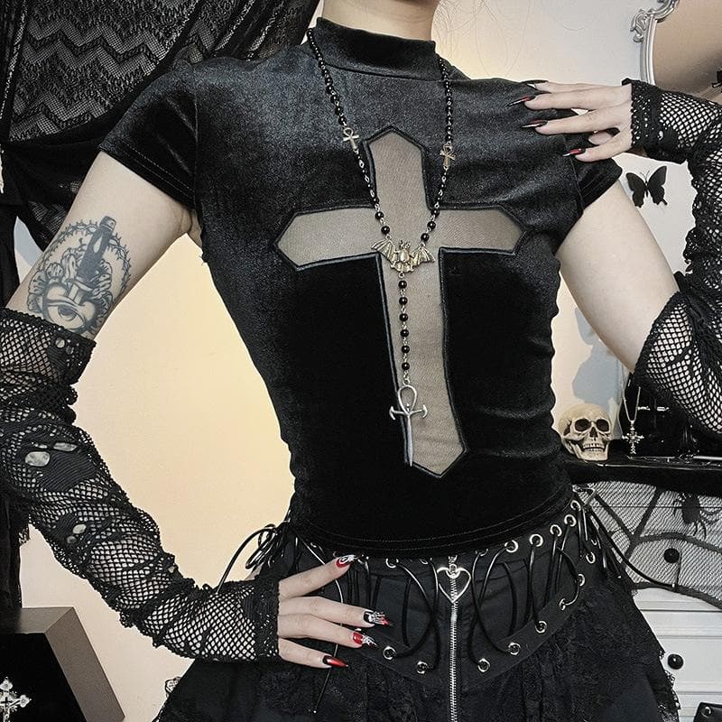 Cap sleeve mesh cross pattern velvet high neck solid top