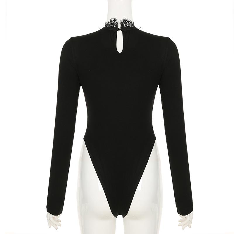 Long sleeve lace hem hollow out bodysuit