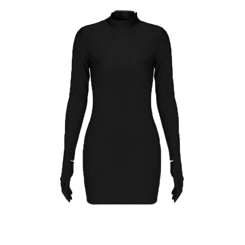 High neck long sleeve gloves solid mini dress  | red tango dress